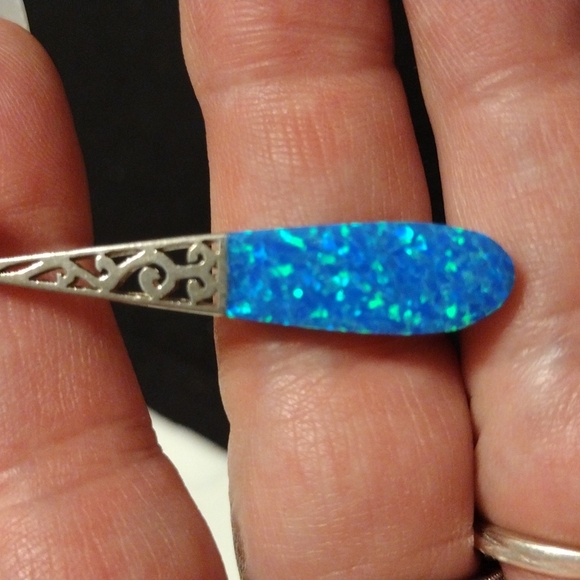 Sterling Silver Blue Lab Created Opal Inlay Tear Drop Pendant Stamped 925 - Picture 2 of 6